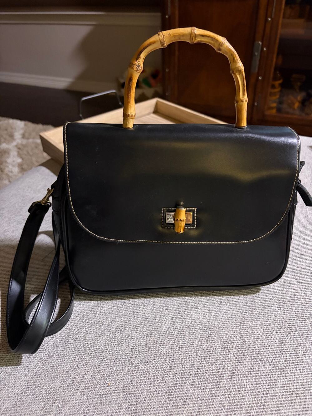 Vintage Avon Black Organizer Handbag with Natural Bamboo Top Handle and Clasp